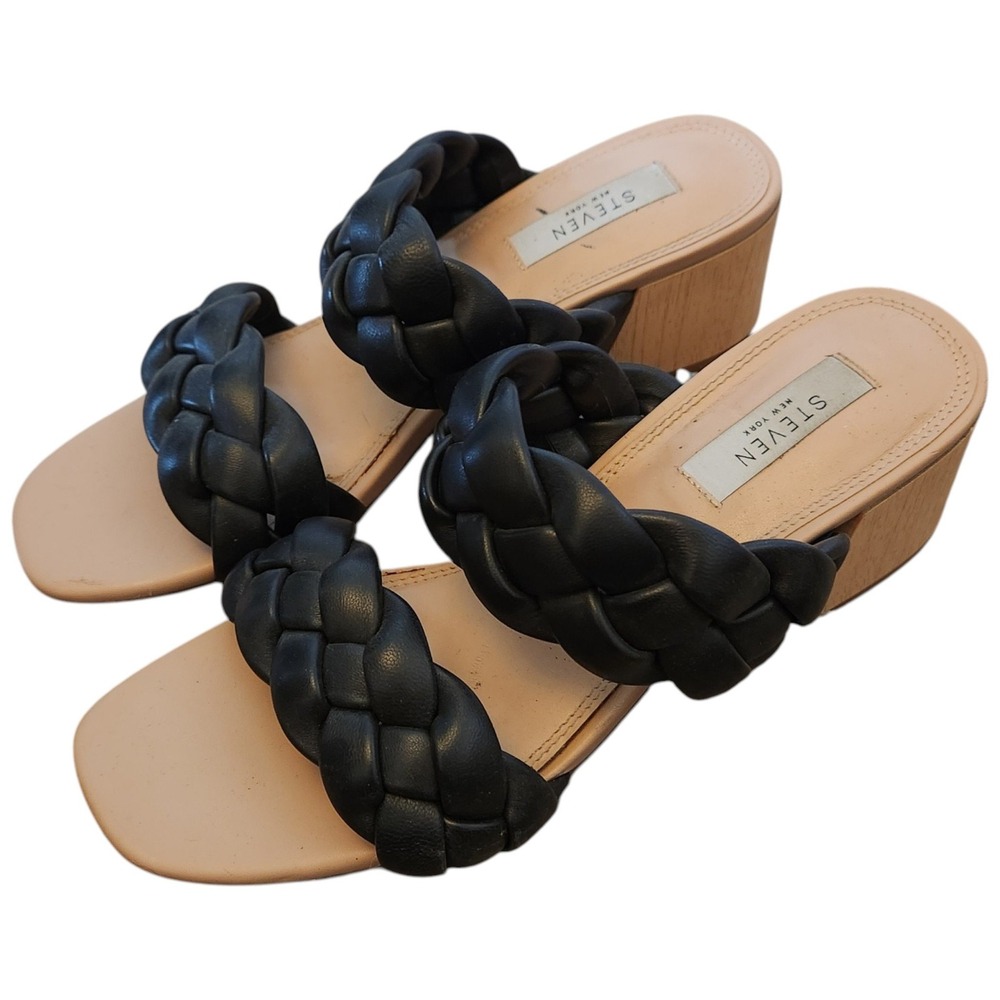 STEVEN by Steve Madden Beliza Black Leather Braided Block Heel Sandals 9